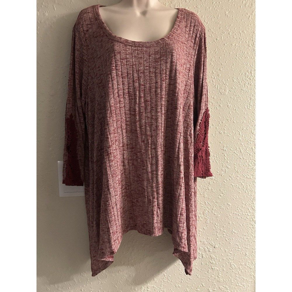 Signature Studio Women Plus 3X Lite Burgundy Ribbed Crochet Sleeve Blouse Top